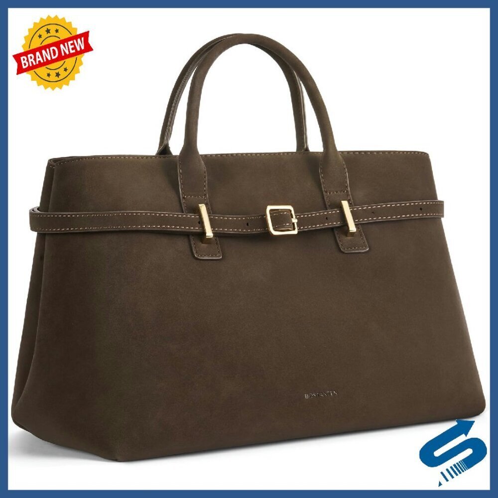 Vegan Leather Tote with Gold Buckle Belt, Adjustable Strap, 17" Satchel